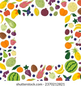 Juicy fruits frame concept design. Fruity nutrition square banner with copy space. Exotic various organic agricultural local farmers products. Fresh tropical fruit hand drawn flat vector illustration