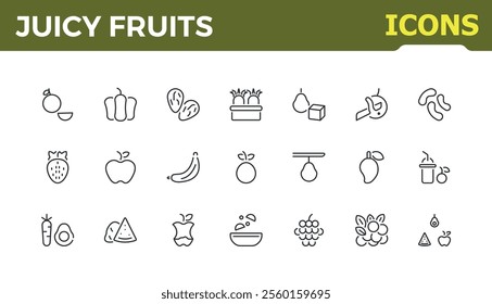 Juicy fruits icon set. Icon apple, tropical, lemon, health, pineapple, plum, fruits, raspberry. Minimalist outline symbol collection. Vector illustration in modern line style.