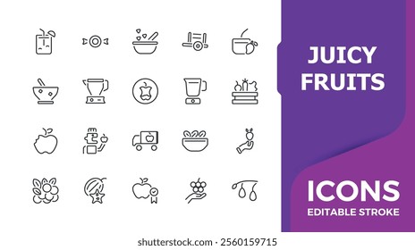 Juicy fruits icon set. Icon apple, tropical, lemon, health, pineapple, plum, fruits, raspberry. Minimalist outline symbol collection. Vector illustration in modern line style.