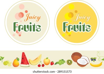 Juicy fruits. Labels and border for design. Vector
