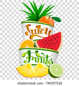 Juicy Fruits lettering logo with multiple vector fruits