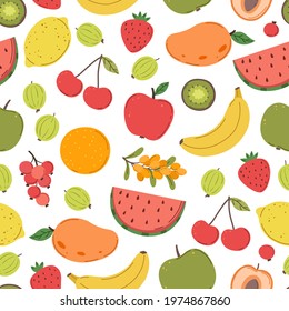 Juicy fruits pattern. Bright fruit texture, berries mix print. Fresh trendy vitamin background, summer tropical food exact vector seamless backdrop