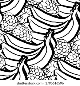 Frutos jugosos en un patrón sin fisuras. Ilustración dibujada a mano en blanco y negro. Signo de icono para imprimir y etiquetar.