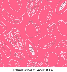 Frutos jugosos con un doodle sin fisuras. La comida rosa dibujada a mano y la bebida interminables de fondo con frutas frescas maduras. Ilustración vectorial de repetición