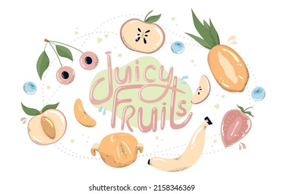 Juicy fruits with spot shadows collection. Summer colorful fruit and berry doodle set , healthy eating, vegan organic food. Cute vector illustration in delicate colors, banner