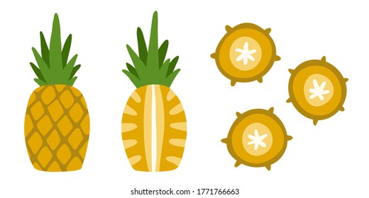 Frutas jugosas - piña entera y media. Hojas suculentas. Conjunto de elementos sobre un fondo blanco. Objetos aislados para el diseño en estilo plano. Ilustración de color brillante.