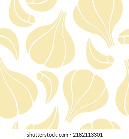 Juicy garlic pattern. Vector illustration isolated on white background. Cartoon design for paper, textile, gift wrapping, interior decor, menu.