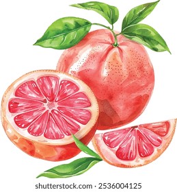 Suculento Grapefruit e fatias Ilustração em aquarela. Citrinos Frescos Pintados À Mão, Isolados Sobre Fundo Branco.