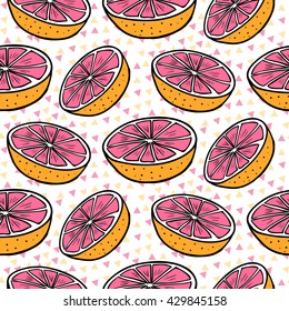 Juicy grapefruits on a geometric background. Vector seamless pattern