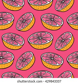 Juicy grapefruits on a pink background. Vector seamless pattern