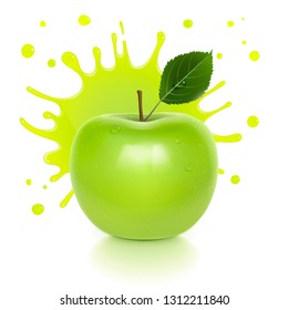 juicy green apple with a splash of juice on a white background