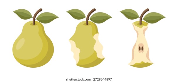 Jugoso conjunto de iconos de pasos de comer pera verde. Etapas de una pera consumida, entera, mordida y en su núcleo. Ilustración.