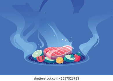 A juicy, grilled steak, sizzling and perfectly cooked, forms the centerpiece of this vibrant vector background. The image is ideal for menus,