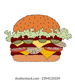 Juicy hamburger with the beef patty, cheese, salad, tomatoes, cucumbers, onions.