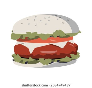 Juicy Hamburger With Cheese, Tomato, And Lettuce In Flat Vector Illustration Symbolizing Fast Food, Burgers, And Street Food, Isolated On White Background.