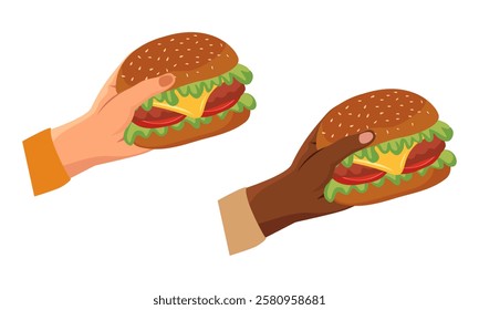 Juicy hamburger in hands on white background. White and dark skinned hands holding fresh burger with patty, cheese and tomato Vector illustration