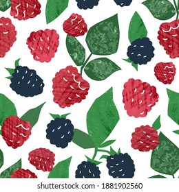 Juicy hand drawn raspberry and blackberry seamless pattern. Ripe fresh wild berries branches with fruits and leaves. Colorful edible plants endless background. Vector flat textured illustration.