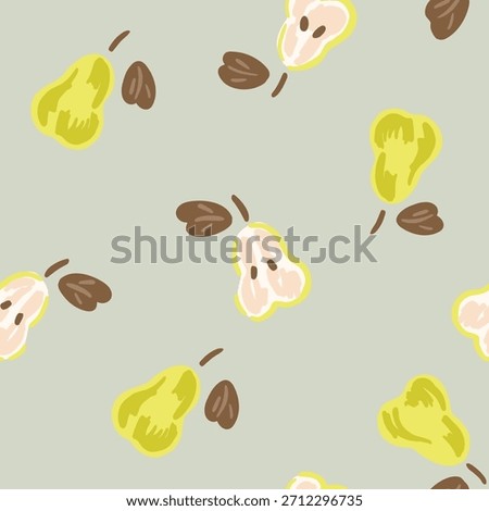 Juicy hand painted fresh pears, forming a minimalist botanical pattern in colors of green, brown and off white on gray background. Crisp fruit seamless vector pattern. Great for home decor, fabric,etc