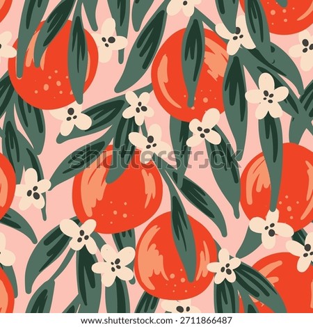 Juicy hand painted oranges, flowers and leaves as a maximalist fruit orchard in colors of orange, off white, cream on pink. Cute tropical garden seamless vector pattern. Great for home decor, fabric.