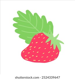 A juicy, hand-drawn strawberry with lush green leaves, perfect for natural, healthy lifestyle designs, summer fruit graphics, or fresh, organic food branding.