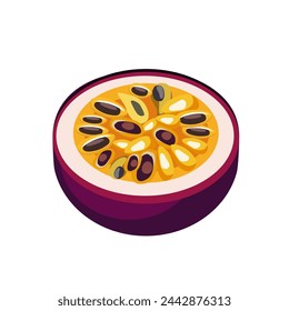 Juicy and healthy half of purple passion fruit isolated on white background. Vector fruit illustration in flat style. Summer clipart for design of card, banner, flyer, sale, poster, icons