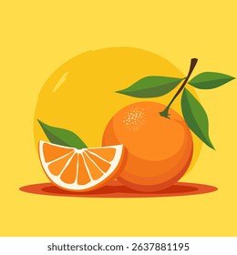 Juicy and healthy red orange with green leaf isolated on bright colorful background. Vector fruit illustration in flat style. Summer clipart for diet design, healthy lifestyle, nutrition