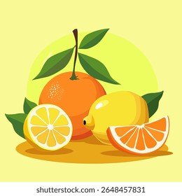 Suculento e saudável laranja vermelha e limão com folha verde isolada em fundo colorido brilhante. Ilustração de fruta vetorial em estilo plano. Clipart de verão para design de dieta, estilo de vida saudável, nutrição
