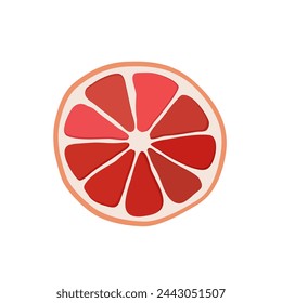 Jugosa y saludable rebanada delgada roja de pomelo aislada sobre fondo blanco. Ilustración de fruta en rodajas de vector en estilo plano. Clipart de verano para el diseño de la tarjeta, banner, flyer, venta, póster, iconos