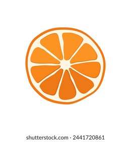 Jugosa y saludable rebanada delgada de naranja roja aislada sobre fondo blanco. Ilustración de fruta en rodajas de vector en estilo plano. Clipart de verano para el diseño de la tarjeta, banner, flyer, venta, póster, iconos