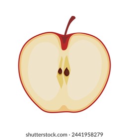 Juicy and healthy thin slice of red apple isolated on white background. Vector sliced fruit illustration in flat style. Summer clipart for design of card, banner, flyer, sale, poster, icons