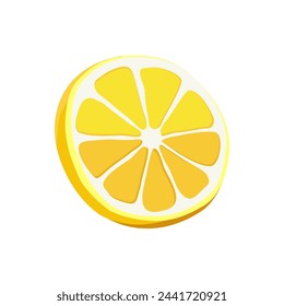 Juicy and healthy yellow thin slice of lemon isolated on white background. Vector sliced fruit illustration in flat style. Summer clipart for design of card, banner, flyer, sale, poster, icons