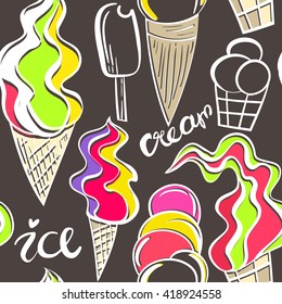Juicy ice cream cones pattern. Seamless hand drawn background of different ice cream. Vector illustration