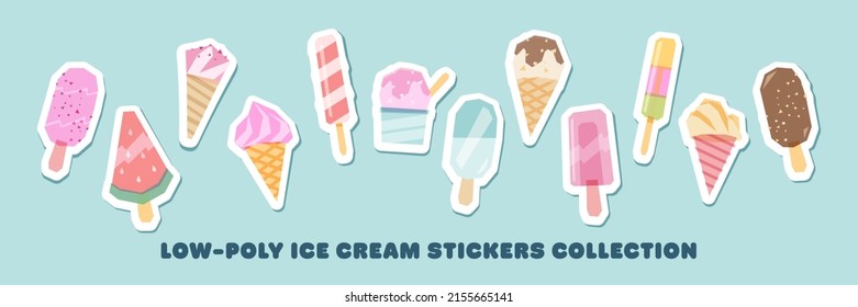 Juicy Ice Cream Stickers Collection. Set Of Summer Ice-Cream Icons Made In Low Poly Overprint Technique. Vector Food Designs
