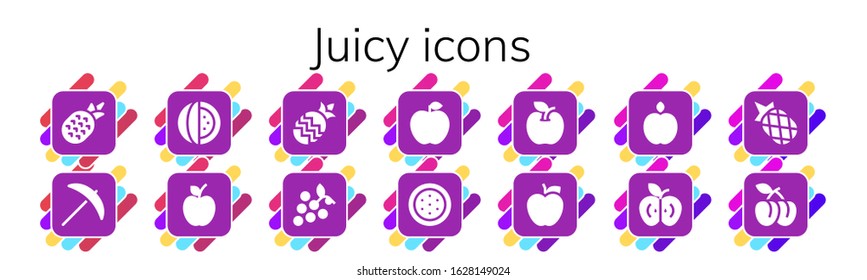 juicy icon set. 14 filled juicy icons. Included Pineapple, Pick, Watermelon, Apple, Grapes, Plum icons