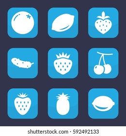 juicy icon. Set of 9 filled juicy icons such as orange, cherry, lemon, cucumber, strawberry