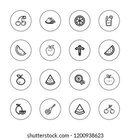 Juicy icon set. collection of 16 outline juicy icons with apple, cherry, kiwi, juice, lemon, lemons, orange, pick, tangerine icons.