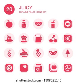 juicy icon set. Collection of 20 filled juicy icons included Apple, Strawberry, Watermelon, Juice, Pear, Lemonade, Cherry, Pineapple, Grapes, Melon