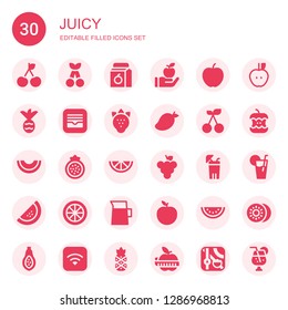 juicy icon set. Collection of 30 filled juicy icons included Cherry, Juice, Apple, Pineapple, Strawberry, Mango, Melon, Pomegranate, Lemon, Grape, Lemonade, Watermelon, Kiwi, Papaya