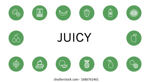 juicy icon set. Collection of Kiwi, Watermelon, Banana, Strawberry, Juice, Pomegranate, Grapes, Apple, Melon, Pineapple, Pear, Orange, Cherry, Mango icons