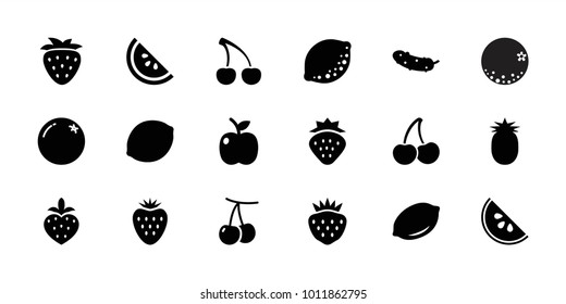 Juicy icons. set of 18 editable filled juicy icons: strawberry, orange, cherry, lemon, cucumber, apple, watermelon, pineapple
