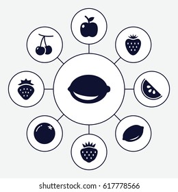 Juicy icons set. set of 9 juicy filled icons such as strawberry, orange, cherry, lemon, apple
