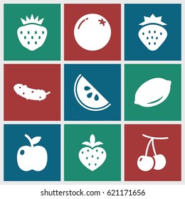 Juicy icons set. set of 9 juicy filled icons such as strawberry, orange, cherry, lemon, cucumber, apple