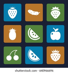 Juicy icons set. set of 9 juicy filled icons such as strawberry, cherry, cucumber, apple, watermelon