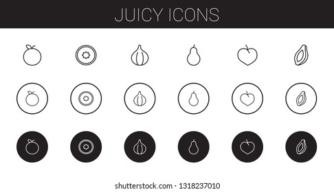 juicy icons set. Collection of juicy with tangerine, kiwi, fig, pear, plum, papaya. Editable and scalable juicy icons.