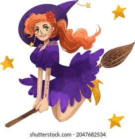 juicy illustration of a beautiful red-haired witch on Halloween riding a broomstick in a purple dress with stars