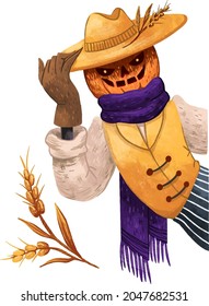 juicy illustration of Jack the pumpkin for Halloween scarecrow with scary hands half of the body looks out from the side, illustration of wheat