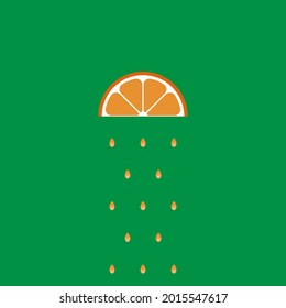 Juicy illustration with rain from slice of orange and realistic drop of juice on green background. Summer flat style picture. Creative vector design for poster, t-shirt, print, greeting card, postcard