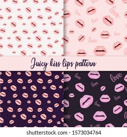 Juicy kiss lips seamless pattern. Bright glamorous glossy lips with lipstick tones. Sweet sexy pop art. Shining wet lipstick, white teeth. Vector illustration pattern set of sexy women lips