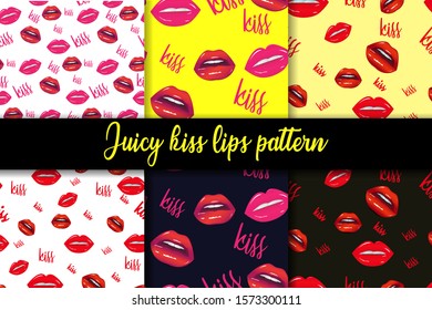 Juicy kiss lips seamless pattern. Bright glamorous glossy lips with red color lips. Sweet sexy pop art. Shining wet lipstick, white teeth. Vector illustration pattern set of sexy women lips