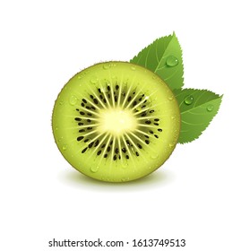 juicy kiwi fruit with green leaves on a white background